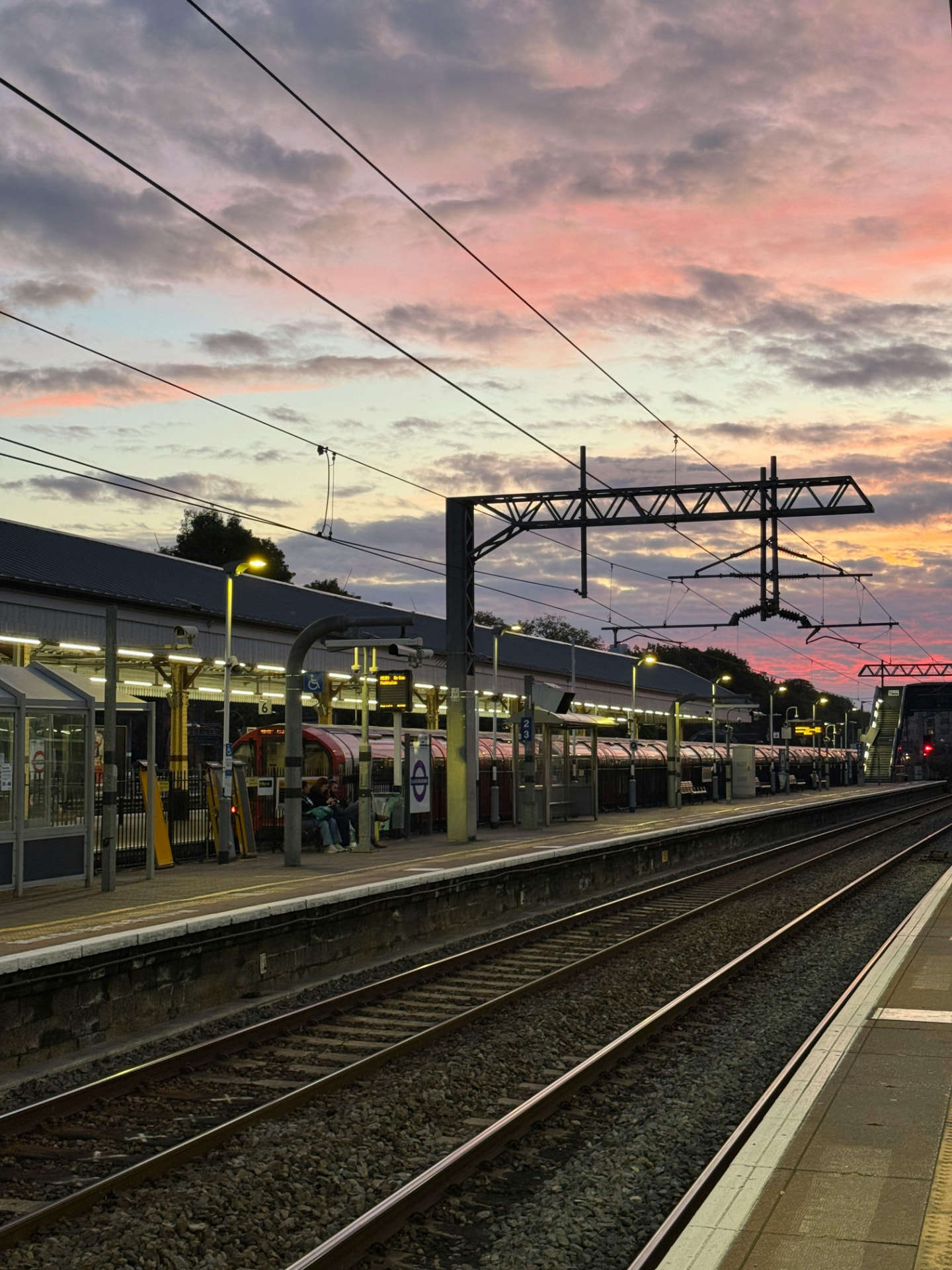 Railway station platforms at sunset